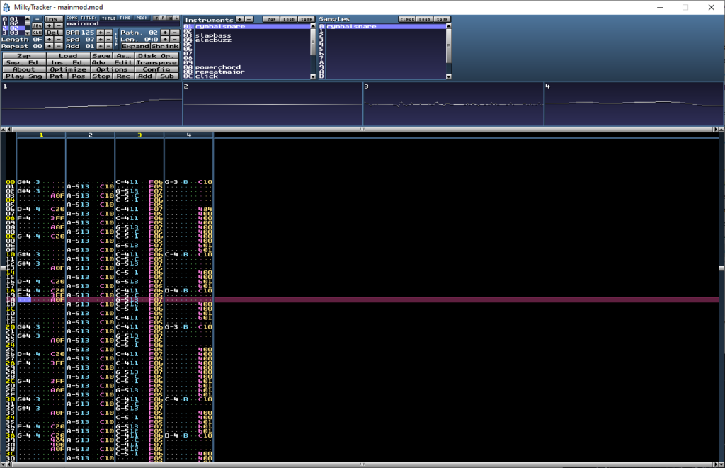 MOD music is made up of samples played at different pitches and volumes and with certain effects applied, in multiple tracks (typically limited to 4 tracks in a classic MOD file). Tracker software like MilkyTracker here shows the four tracks as separate columns. Each row of the music represents the smallest unit of beat that the track uses, and can contain either or both of a pitch & sample combination and an effect with a value.